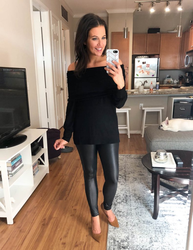 chic fall outfit | black off the shoulder top | spanx leather leggings | Petite Fashion Blogger Lady in Violet