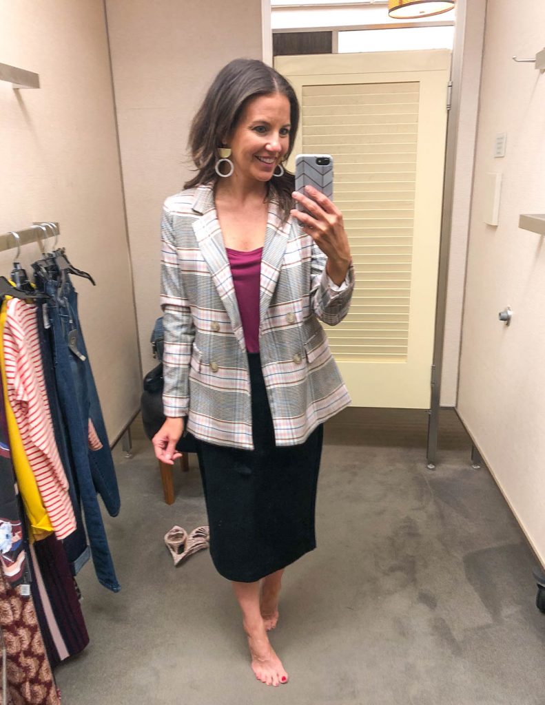 professional office outfit | plaid blazer black midi pencil skirt | Houston Fashion Blogger Lady in Violet