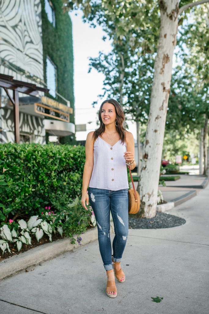 summer casual outfit idea | striped tank top | brown wedges | Affordable Fashion Blogger Lady in Violet