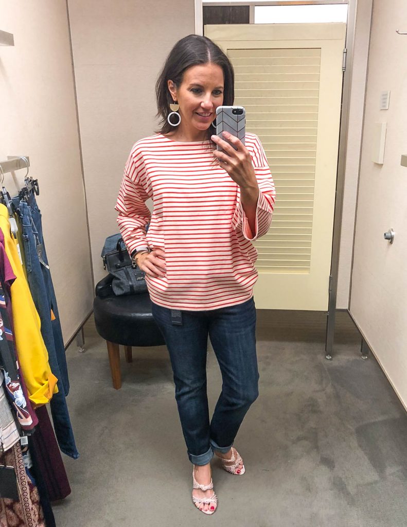 casual outfit | red striped top | boyfriend jeans | Fashion Blogger Lady in Violet