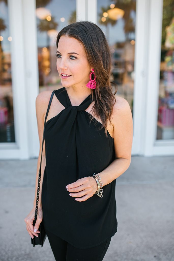 date night outfit | black halter top | pink tassel earrings | Houston Fashion Blogger Lady in Violet