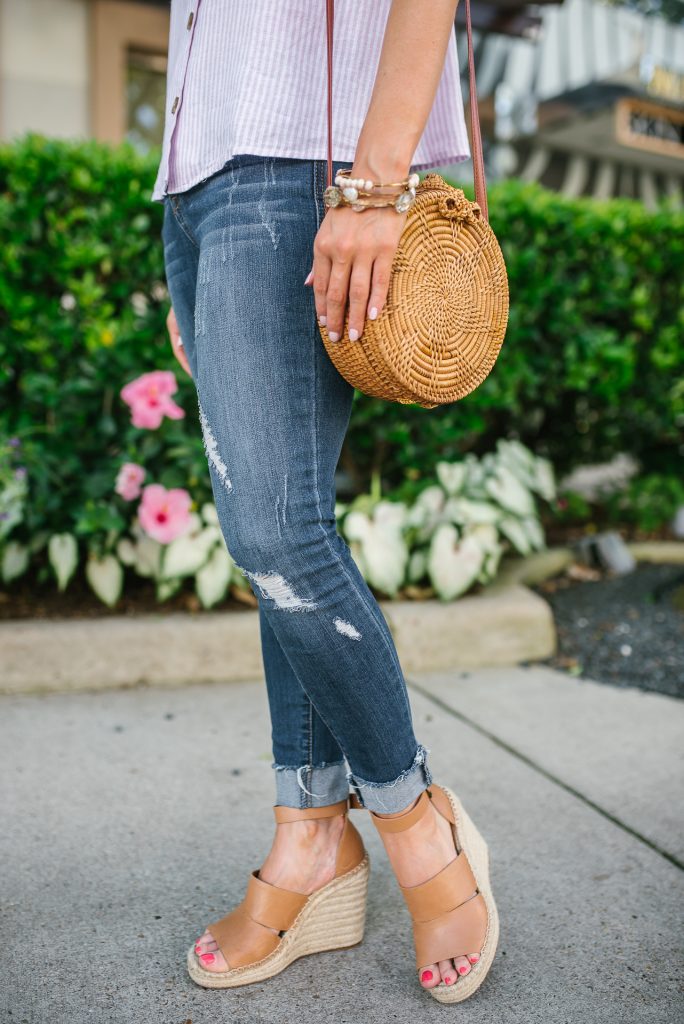 casual spring outfit | circle straw bag | cuffed distressed denim | Houston Fashion Blogger Lady in Violet