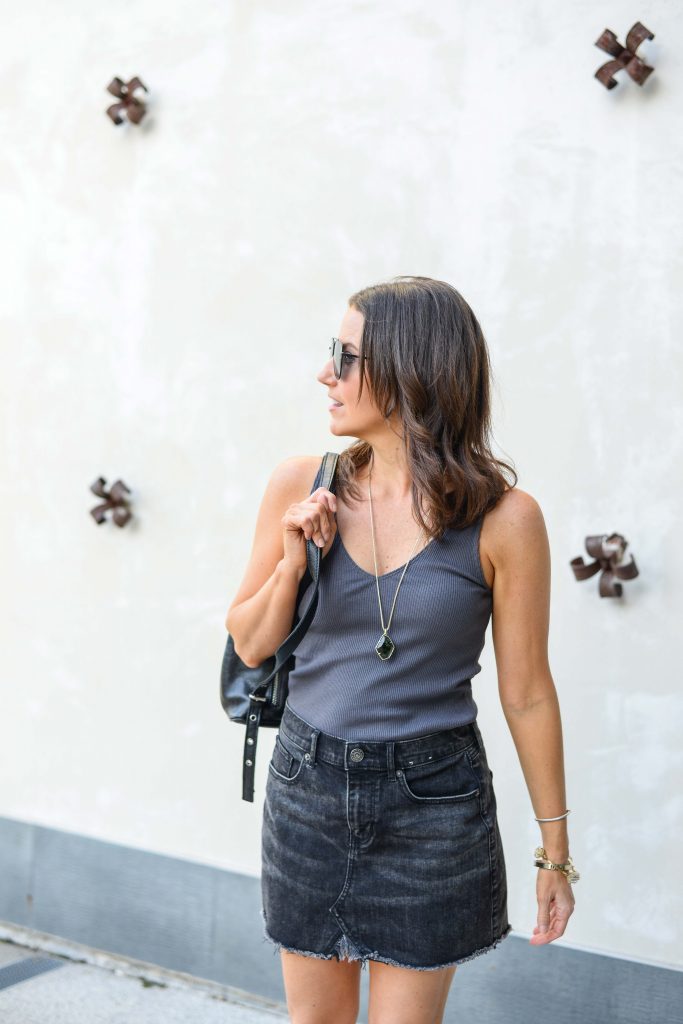 summer outfit | gray tank top | black faded denim skirt | Affordable Fashion Blogger Lady in Violet