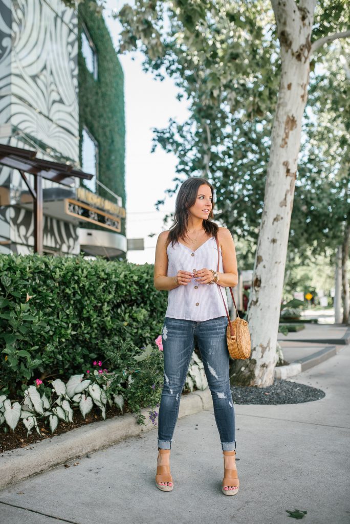 casual summer outfit | button front camisole top | distressed denim | Petite Fashion Blogger Lady in Violet