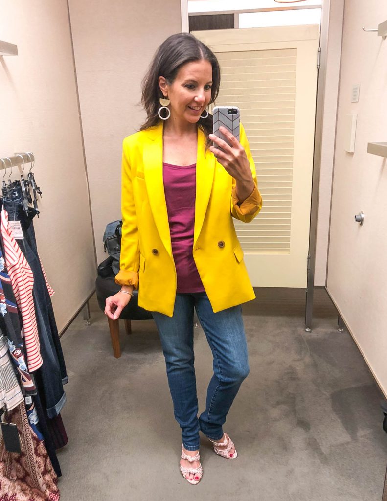 fall outfit | yellow blazer | high waist jeans | Houston Fashion Blogger Lady in Violet