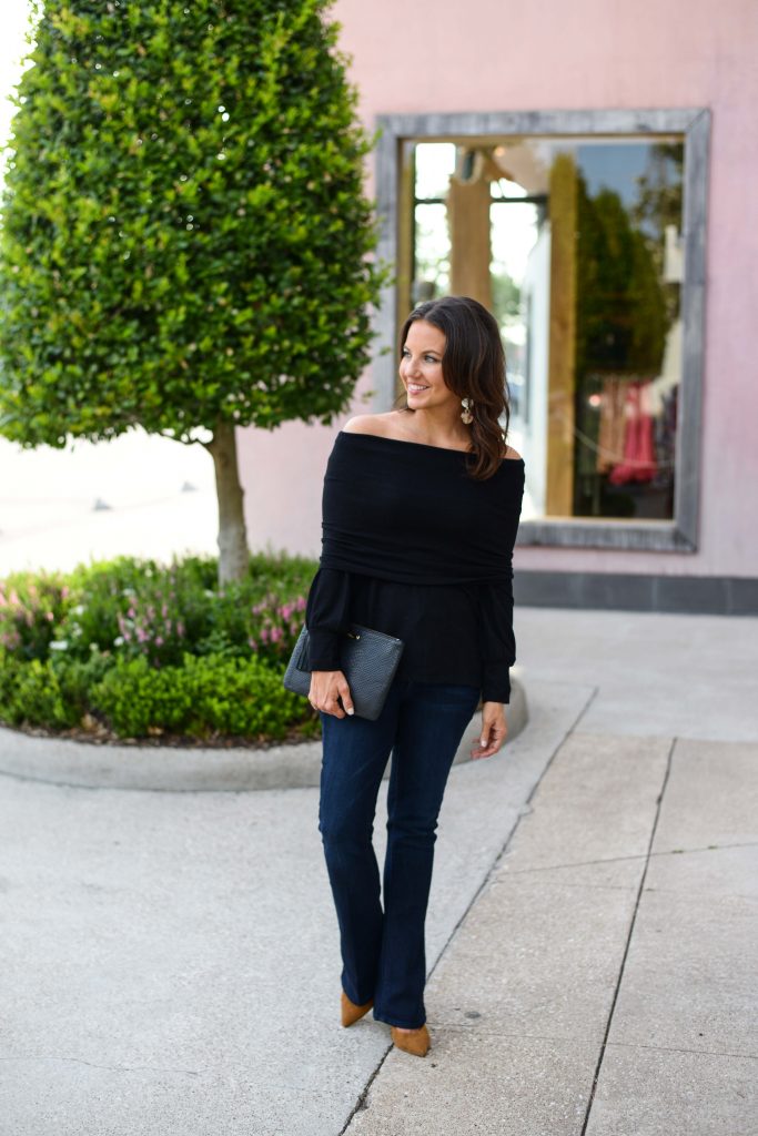 fall outfit | black off the shoulder top | dark wash flared jeans | Petite Fashion Blog Lady in Violet