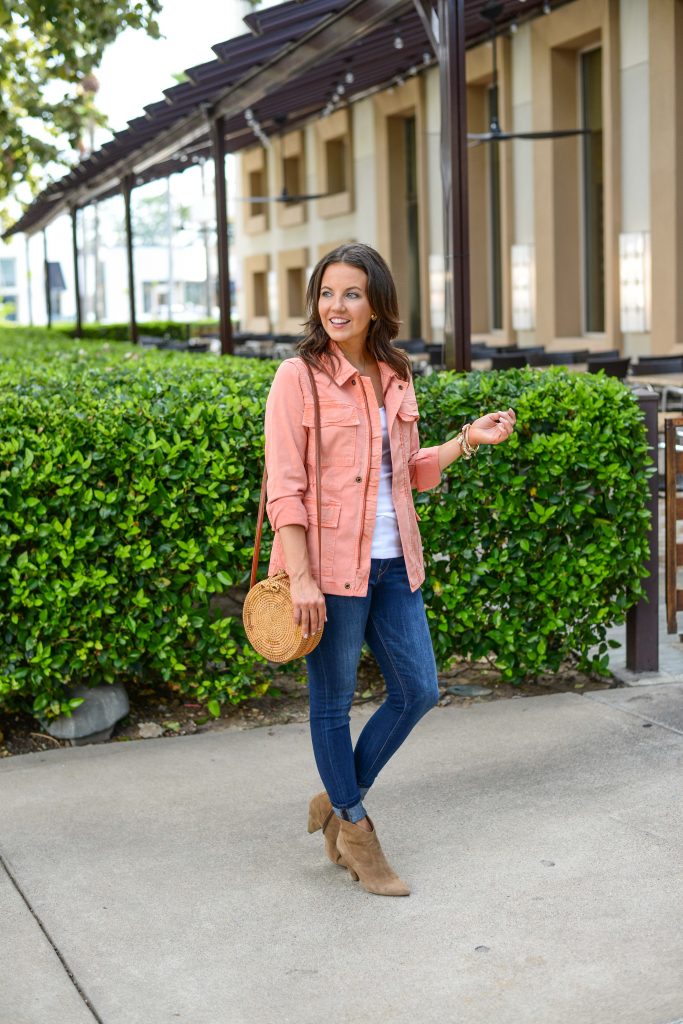 fall outfit | coral utility jacket | brown booties | Petite Fashion Blogger Lady in Violet