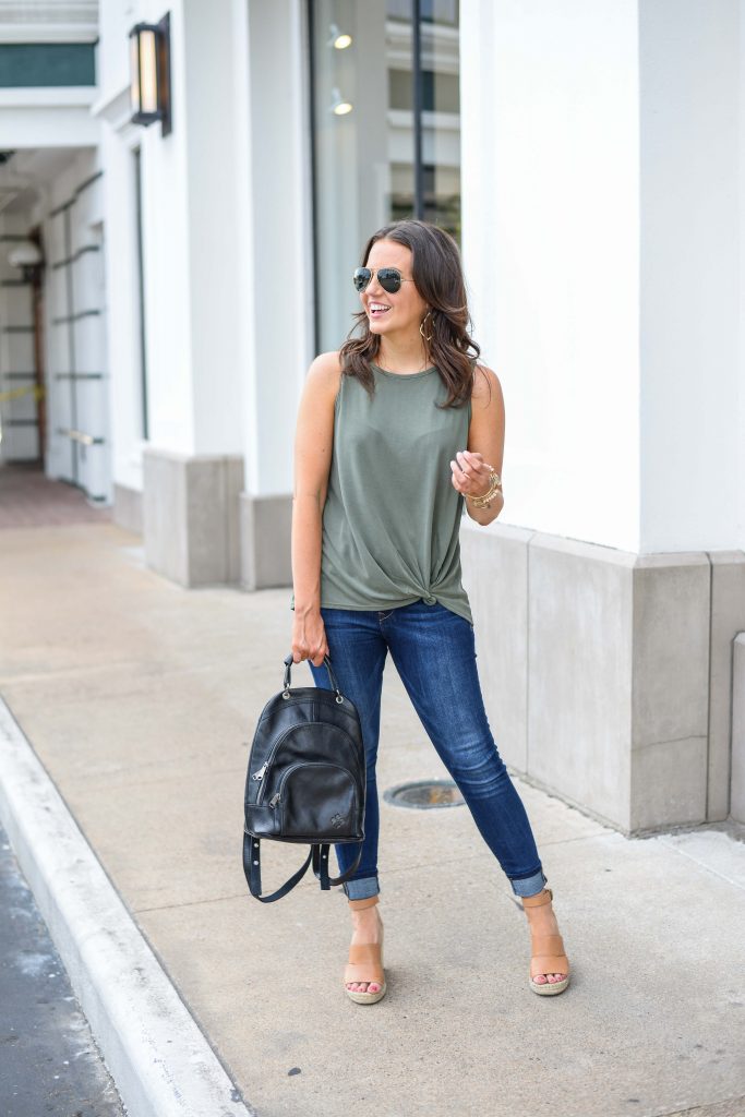 summer outfit | light green tank top | blue cuffed skinny jeans | Petite Fashion Blog Lady in Violet