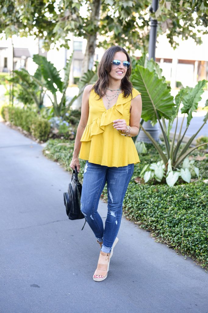 summer outfit | yellow ruffle top | distressed skinny jeans | Petite Fashion Blogger Lady in Violet