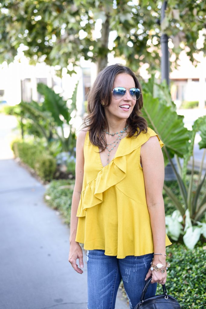 casual outfit | blue ombre aviator sunglasses | yellow sleeveless top | Everyday Fashion Blog Lady in Violet