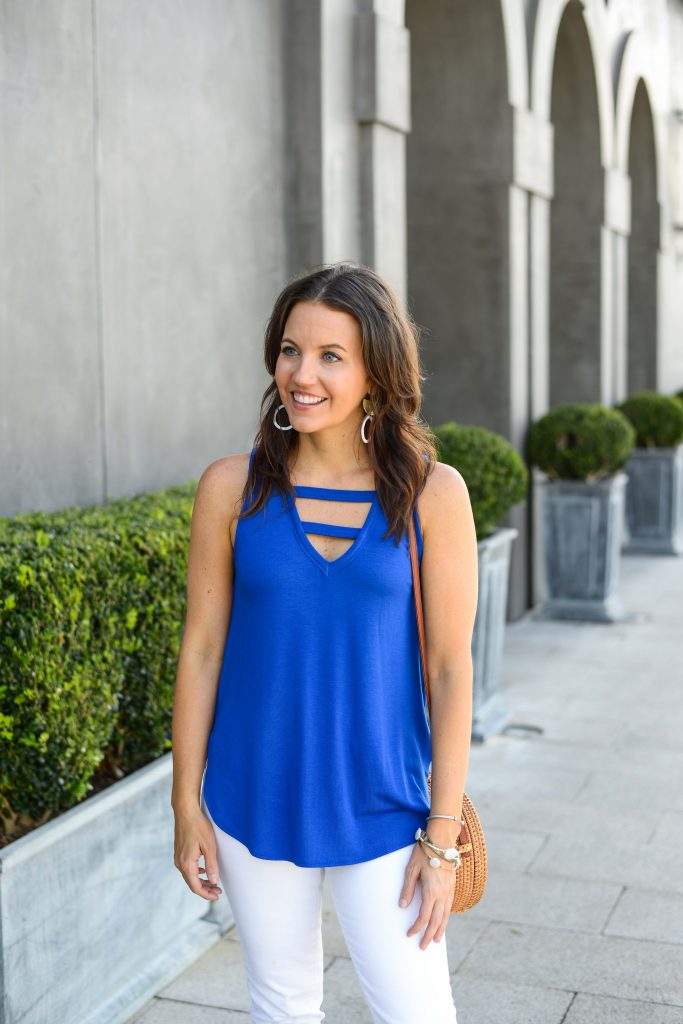 casual outfit | blue sleeveless top | gold earrings | Affordable Fashion Blogger Lady in Violet