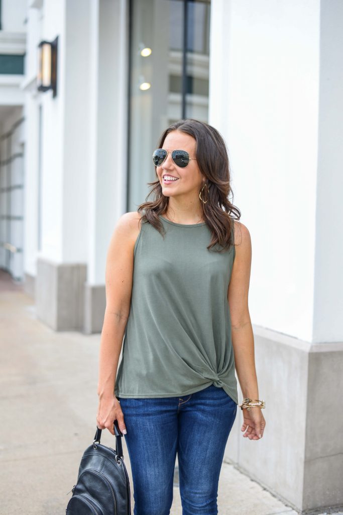 casual outfit | green twist sleeveless top | rayban aviator sunglasses | Affordable Fashion Blog Lady in Violet