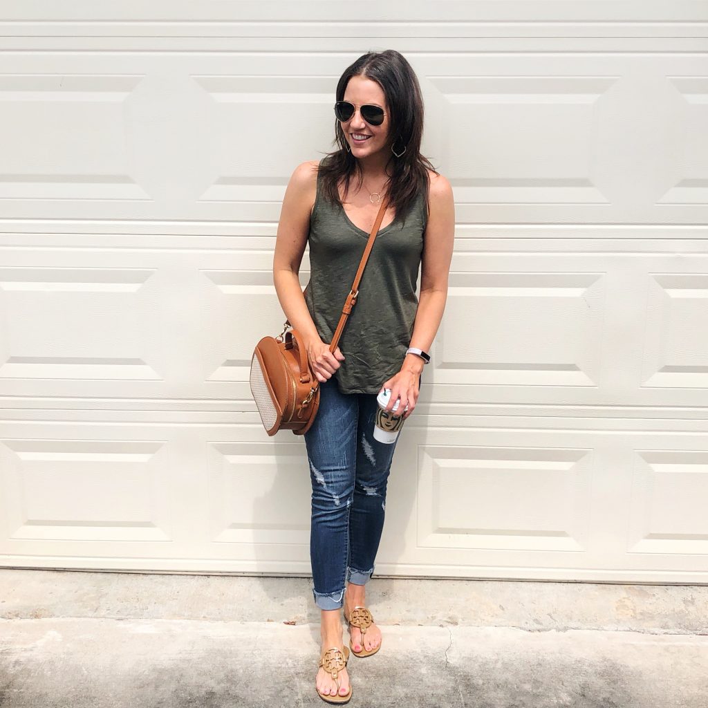 casual outfit | olive green tank top | blue cuffed jeans | Houston Fashion Blog Lady in Violet