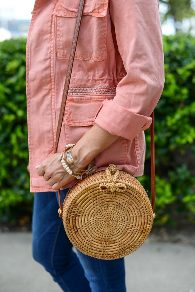 spring outfit | coral pink utility jacket | straw circle purse | Everyday Fashion Blog Lady in Violet