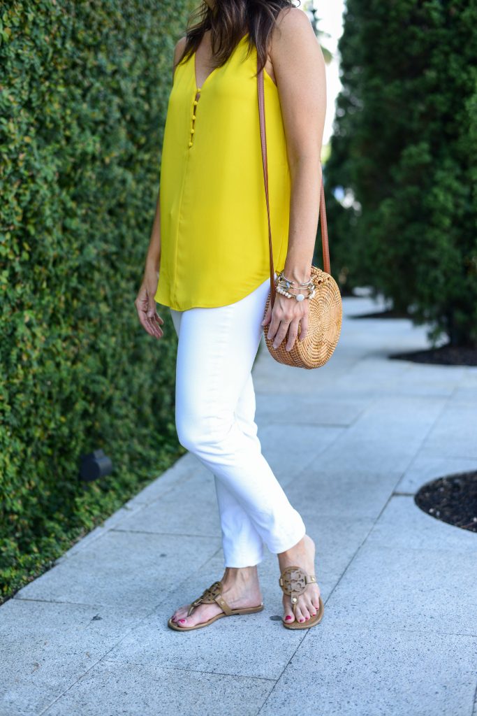 summer outfit | bright yellow top | tory burch miller sandals | Petite Fashion Blogger Lady in Violet