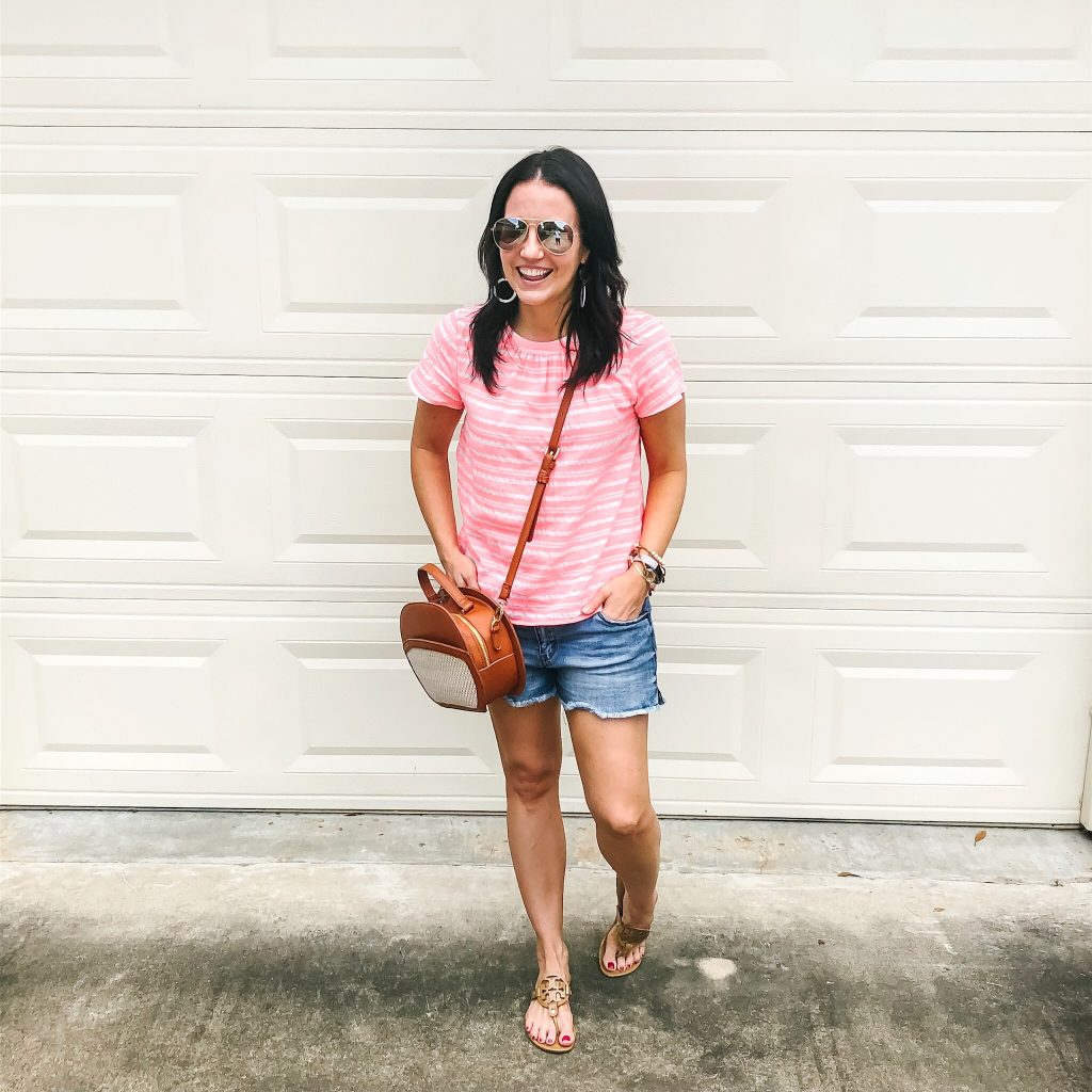 summer outfit | pink striped blouse | distressed jean shorts | Everyday Fashion Blog Lady in Violet