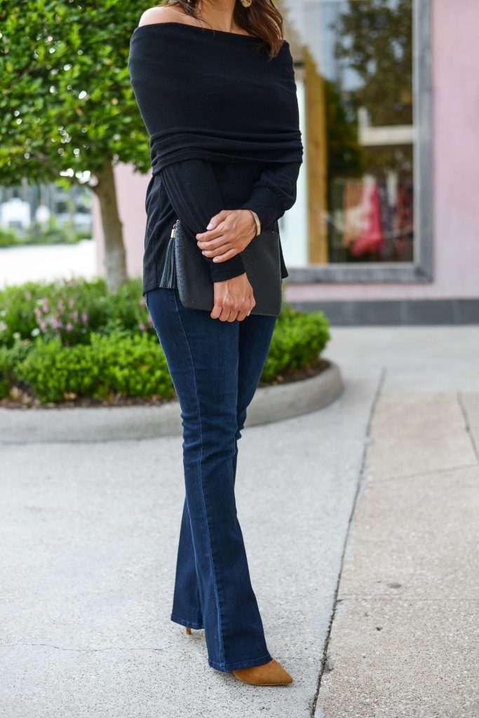 winter outfit | dark wash flared jeans | light brown suede heels | Petite Fashion blogger Lady in Violet