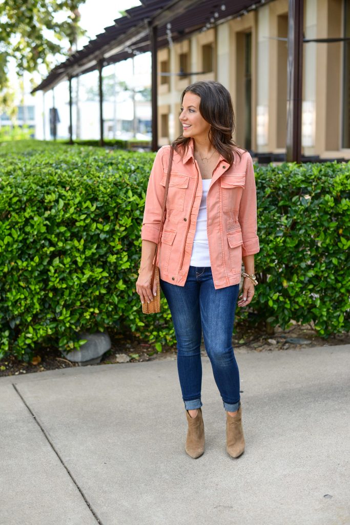 casual fall outfit | pink lightweight jacket | brown suede booties | Budget Friendly Fashion Blog Lady in Violet