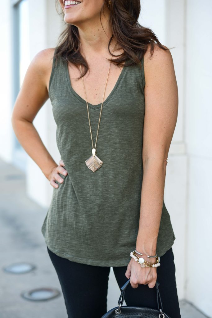 casual outfit | olive green tank top | rose gold long necklace | Everyday Fashion Blog Lady in Violet