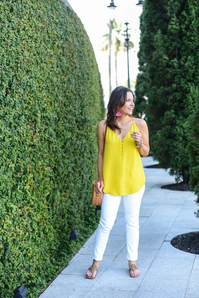 casual summer outfit | yellow camisole button top | white jeans | Houston Fashion Blogger Lady in Violet