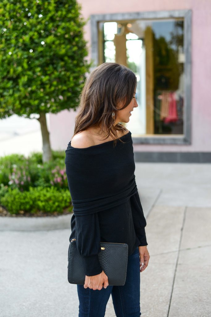 fall outfit | black off the shoulder top | black python clutch | Houston Fashion Blog Lady in Violet
