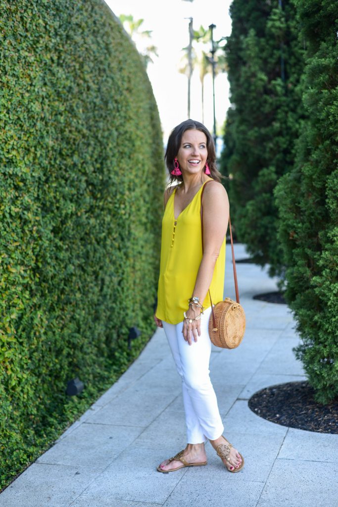 casual outfit | yellow button cami top | white denim | Affordable Fashion Blogger Lady in Violet