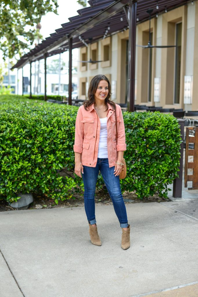 casual spring outfit | coral lightweight jacket | blue skinny jeans | Texas Fashion Blog Lady in Violet