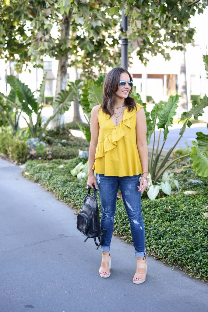 casual summer outfit | ruffle tank top | brown wedge sandals | Texas Fashion Blog Lady in Violet