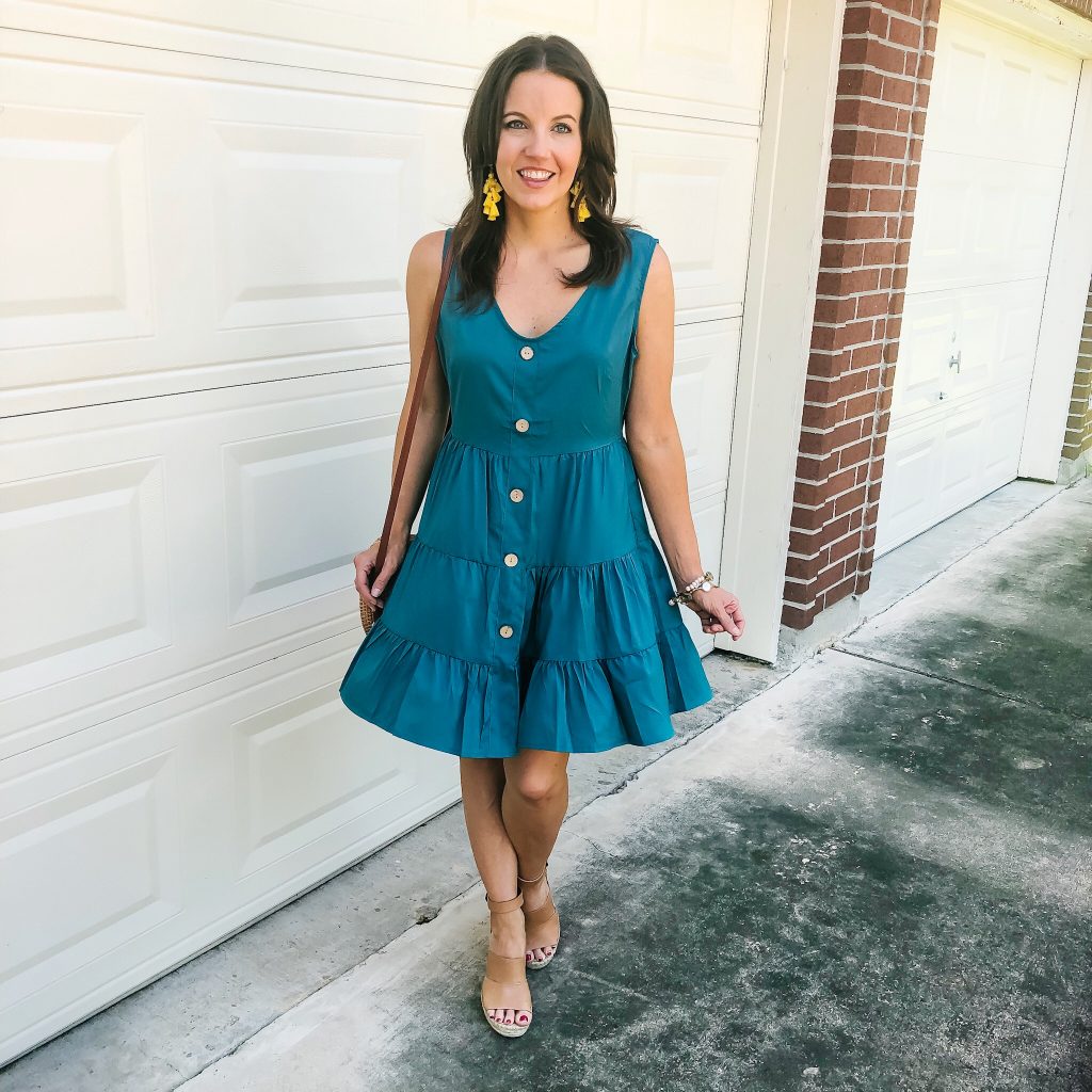 summer day party outfit | teal button front dress | wedge sandals | Petite Fashion Blogger Lady in Violet