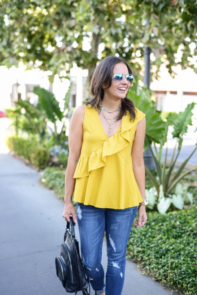 everyday outfit | yellow ruffle top | y choker necklace | Budget Friendly Fashion Blog Lady in Violet