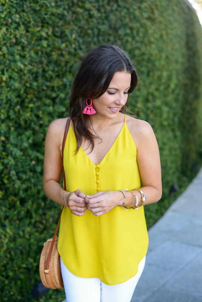 summer outfit idea | pink statement earrings | yellow cami top | Houston Fashion Blogger Lady in Violet