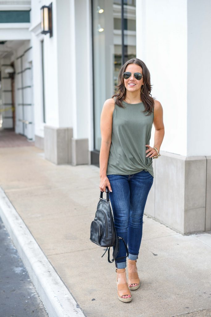 Summer outfit | sage green sleeveless top | brown wedge sandals | Texas Fashion Blogger Lady in Violet