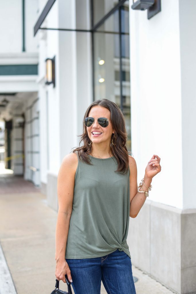 casual outfit | green sleeveless tie waist top | stone bangles | Houston Fashion Blog Lady in Violet