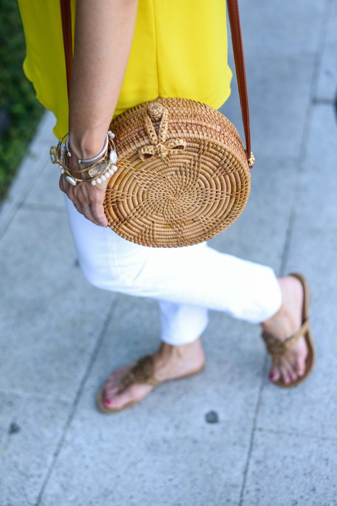 summer outfit | circle straw crossbody bag | nude colored tory burch sandals | Affordable Fashion Blogger Lady in violet