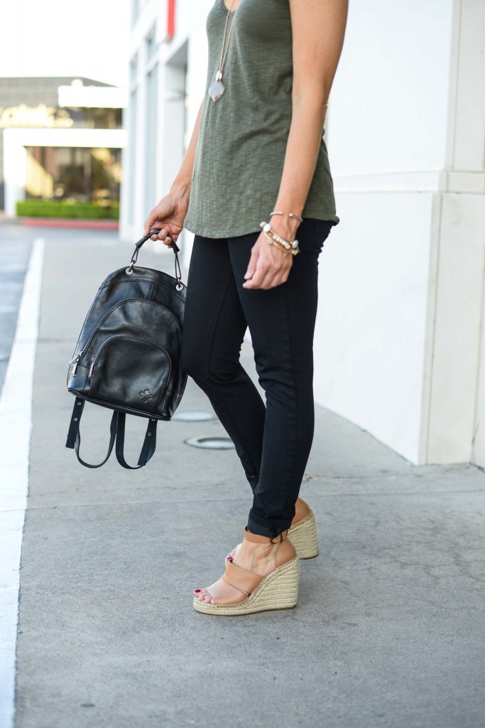 casual outfit | black leather backpack | brown espadrille wedge sandals | Petite Fashion Blog Lady in Violet