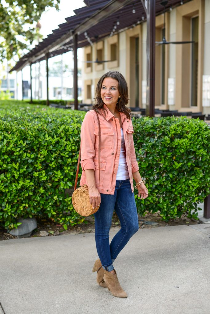 fall outfit | coral pink jacket | affordable blue jeans | Popular Fashion Blog Lady in Violet