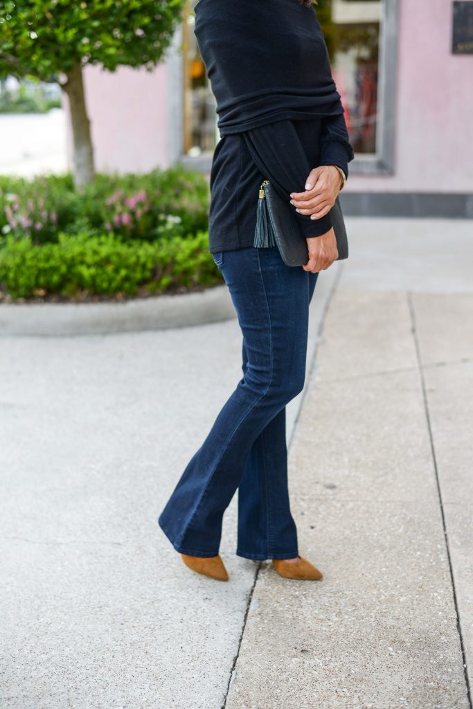 fall outfit | dark wash flared petite jeans | brown suede heels | Budget Friendly Fashion Blogger Lady in Violet