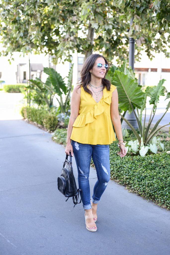 summer casual outfit | yellow ruffle sleeveless top | distressed jeans | Popular Fashion Blog Lady in Violet