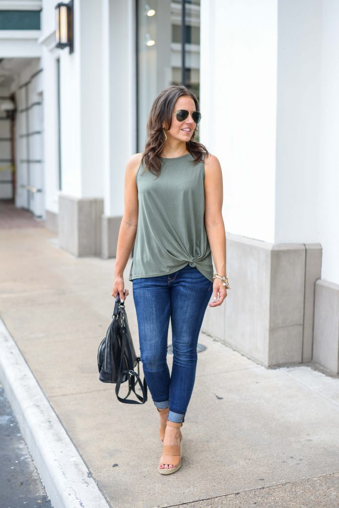 casual outfit idea | green tie waist tank top | blue skinny jeans | Popular Fashion Blog Lady in Violet