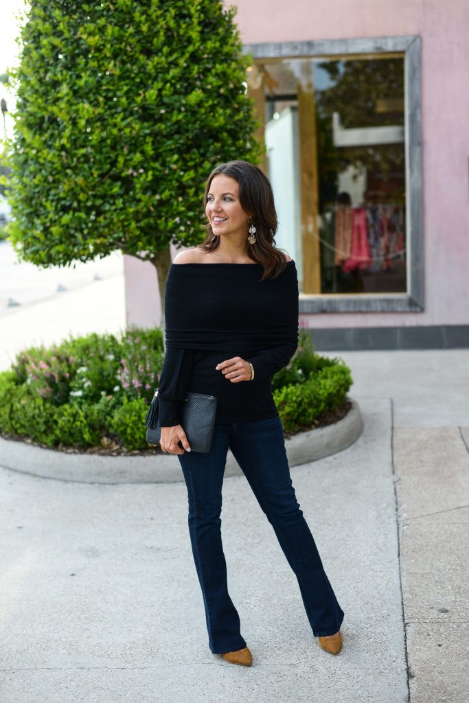 thanksgiving outfit | black off the shoulder top | dark wash bootcut jeans | Popular Fashion Blogger Lady in Violet