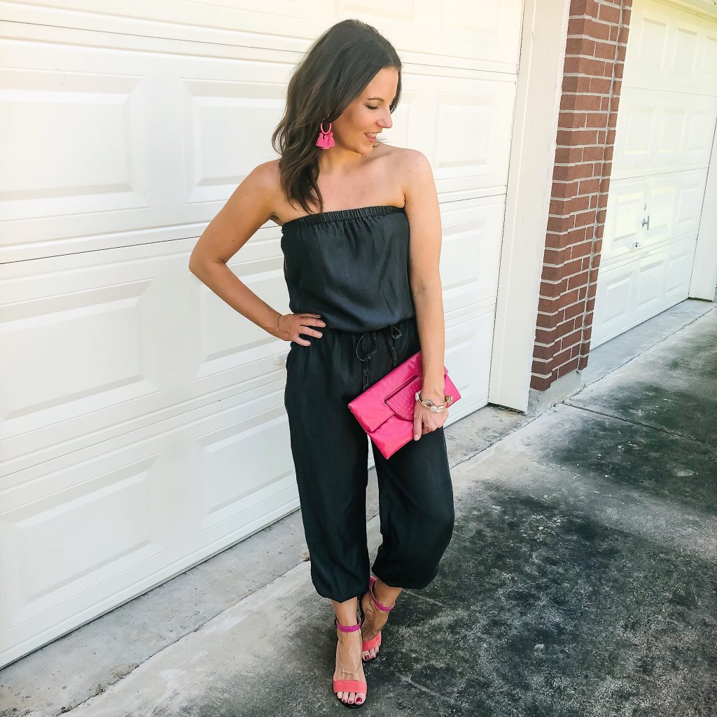 summer date night outfit | dark gray strapless jumpsuit | pink clutch purse | Petite Fashion Blog Lady in Violet