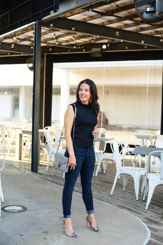 fall outfit | black knit turtleneck | dark wash skinny jeans | Petite Fashion Blog Lady in Violet