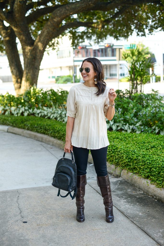 fall outfit | ivory short sleeve blouse | black leather backpack | Affordable Fashion Blog Lady in Violet