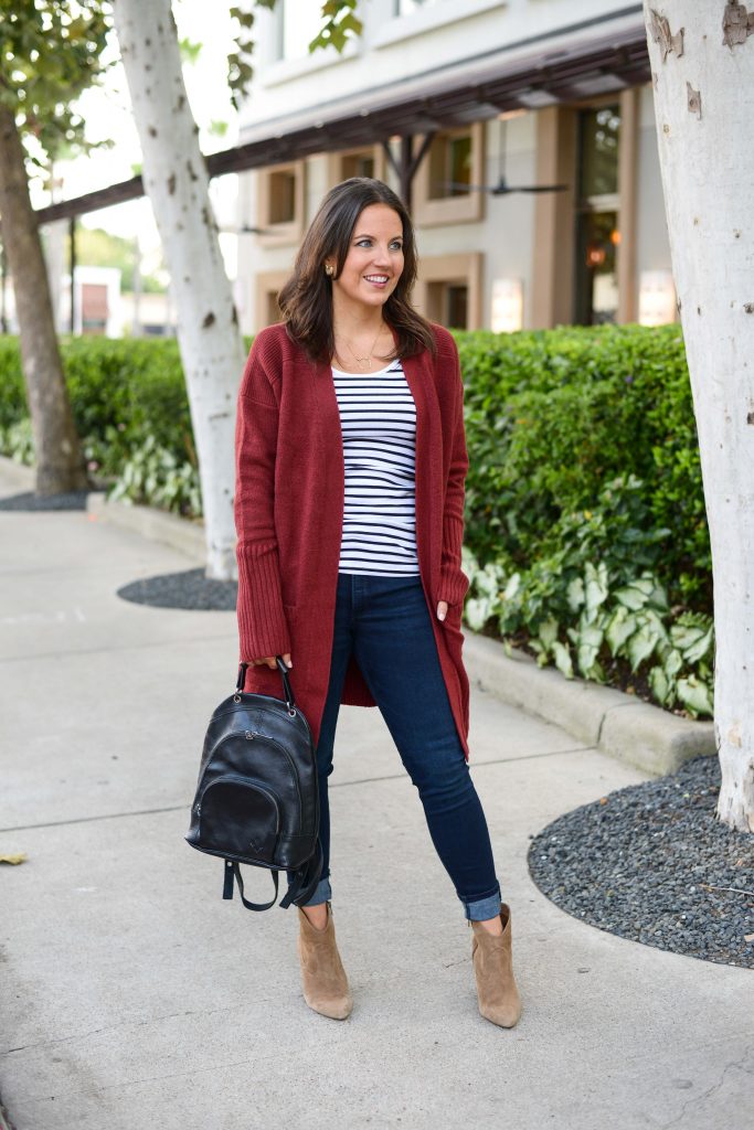 fall outfit | red cardigan layered over striped tank top | Affordable Fashion Blog Lady in Violet