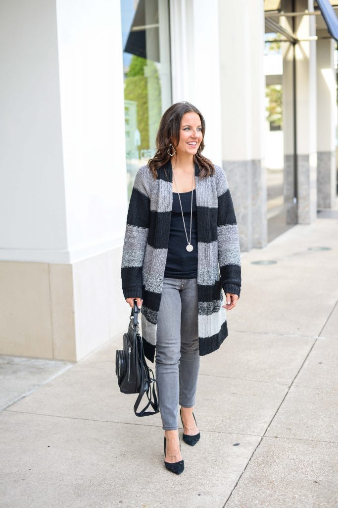 Black & Gray Striped Long Cardigan, Lady in Violet