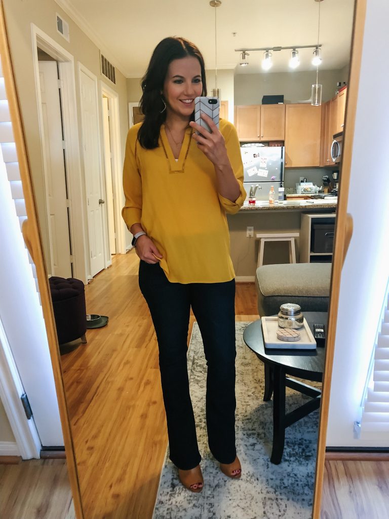 fall outfit | yellow blouse | dark wash flare jeans | Petite Fashion Blog Lady in Violet