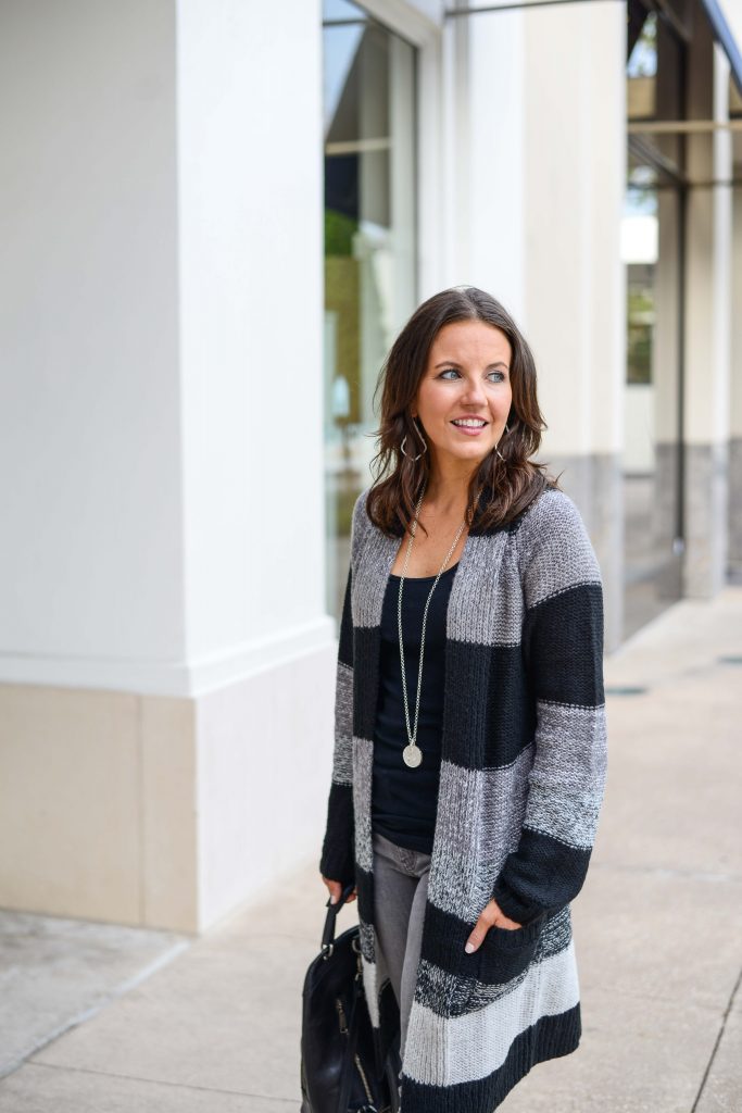 casual fall outfit | gray striped cardigan | silver pendant necklace | Affordable Fashion Blogger Lady in Violet