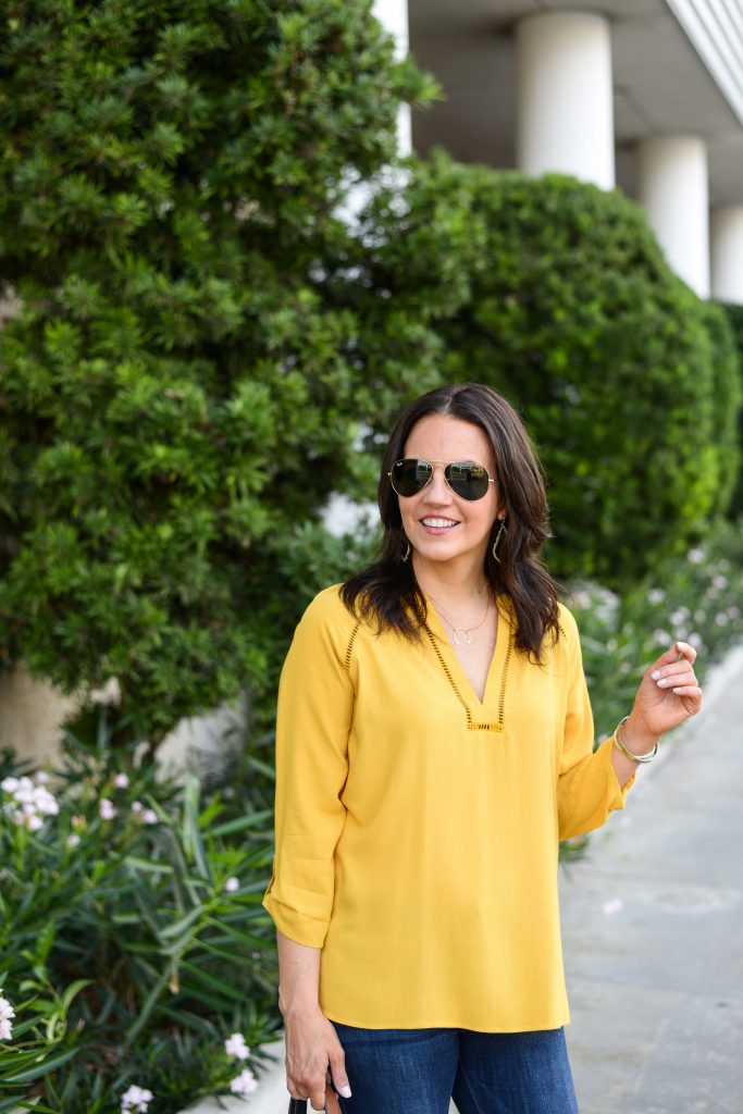 casual fall outfit | mustard yellow top | short gold necklace | Affordable Fashion Blog Lady in Violet