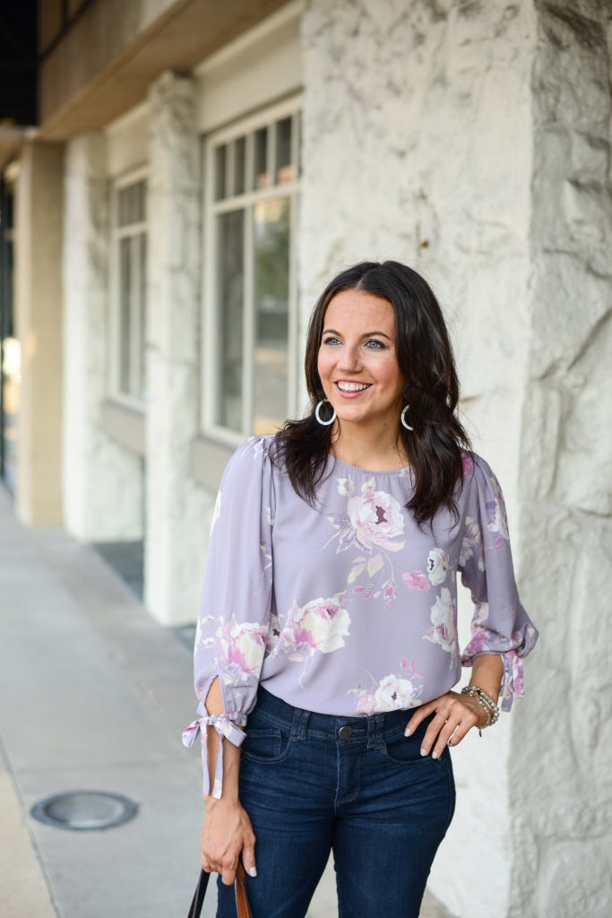 casual outfit | light purple blouse | white earrings | Houston Fashion Blogger Lady in Violet