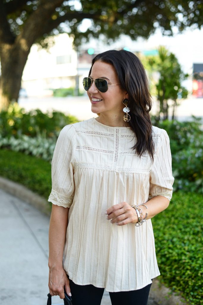 casual outfit | tortoise earrings | ivory lace top | Houston Fashion Blog Lady in Violet